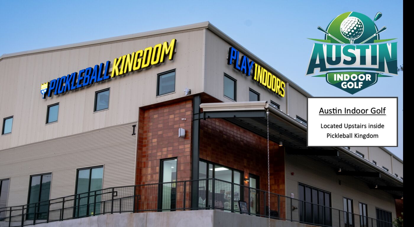 Pickleball Kingdom building exterior in Pflugerville — Austin Indoor Golf is upstairs